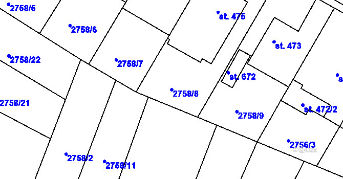 Parcela st. 2758/8 v KÚ Lužná u Vsetína, Katastrální mapa