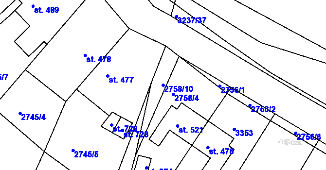Parcela st. 2758/10 v KÚ Lužná u Vsetína, Katastrální mapa
