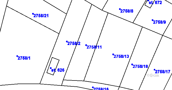 Parcela st. 2758/11 v KÚ Lužná u Vsetína, Katastrální mapa
