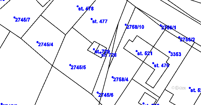 Parcela st. 728 v KÚ Lužná u Vsetína, Katastrální mapa