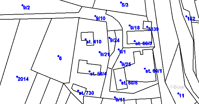 Parcela st. 9/21 v KÚ Lužná u Vsetína, Katastrální mapa