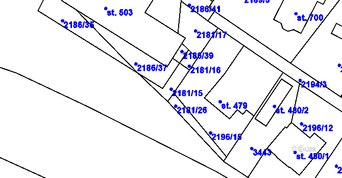 Parcela st. 2181/15 v KÚ Lužná u Vsetína, Katastrální mapa