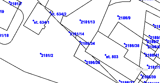 Parcela st. 2186/34 v KÚ Lužná u Vsetína, Katastrální mapa