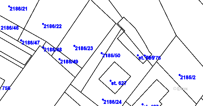 Parcela st. 2186/50 v KÚ Lužná u Vsetína, Katastrální mapa