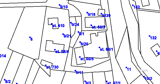 Parcela st. 9/25 v KÚ Lužná u Vsetína, Katastrální mapa