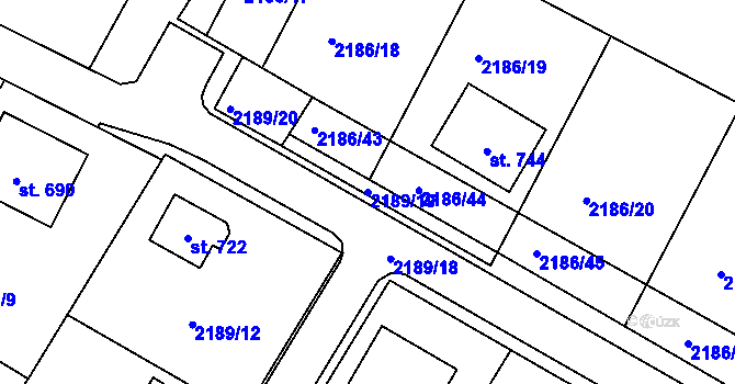 Parcela st. 2189/19 v KÚ Lužná u Vsetína, Katastrální mapa