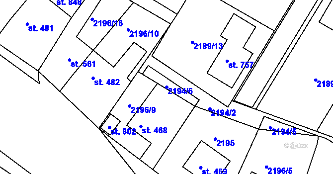 Parcela st. 2194/6 v KÚ Lužná u Vsetína, Katastrální mapa