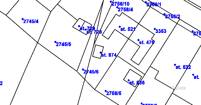 Parcela st. 874 v KÚ Lužná u Vsetína, Katastrální mapa