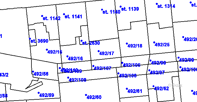 Parcela st. 492/17 v KÚ Lysá nad Labem, Katastrální mapa