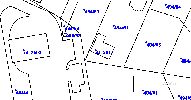 Parcela st. 2977 v KÚ Lysá nad Labem, Katastrální mapa