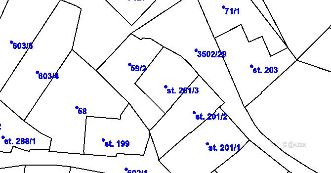 Parcela st. 201/3 v KÚ Lysice, Katastrální mapa
