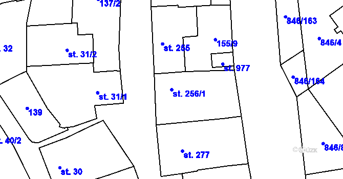 Parcela st. 256/1 v KÚ Lysice, Katastrální mapa