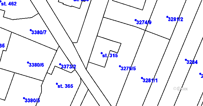 Parcela st. 315 v KÚ Lysice, Katastrální mapa