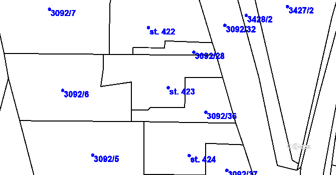 Parcela st. 423 v KÚ Lysice, Katastrální mapa