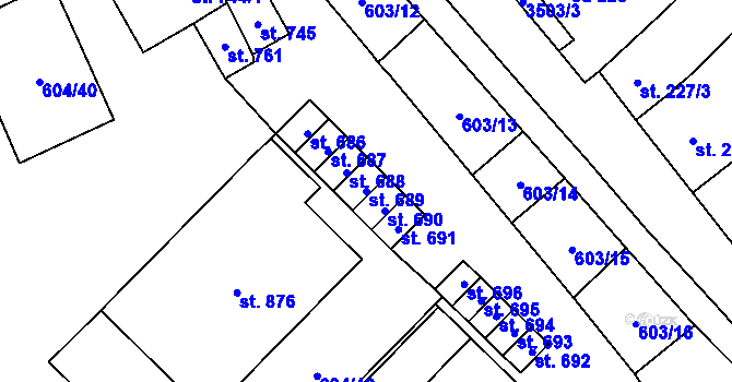 Parcela st. 689 v KÚ Lysice, Katastrální mapa