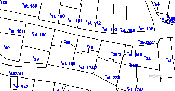 Parcela st. 36 v KÚ Lysice, Katastrální mapa