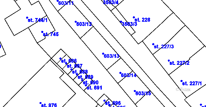 Parcela st. 603/13 v KÚ Lysice, Katastrální mapa