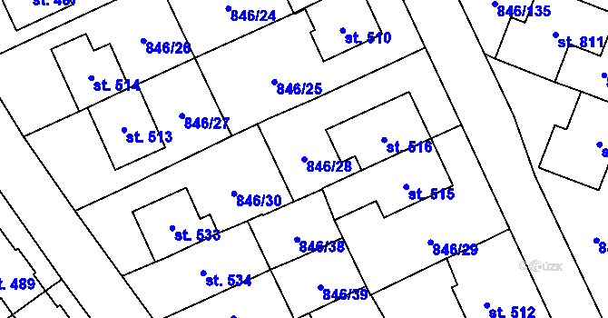 Parcela st. 846/28 v KÚ Lysice, Katastrální mapa
