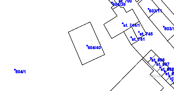 Parcela st. 604/40 v KÚ Lysice, Katastrální mapa