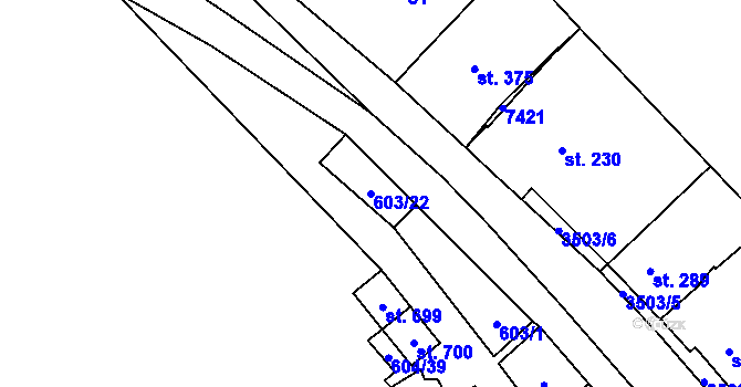 Parcela st. 603/22 v KÚ Lysice, Katastrální mapa