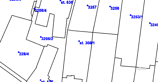 Parcela st. 308/1 v KÚ Lysice, Katastrální mapa