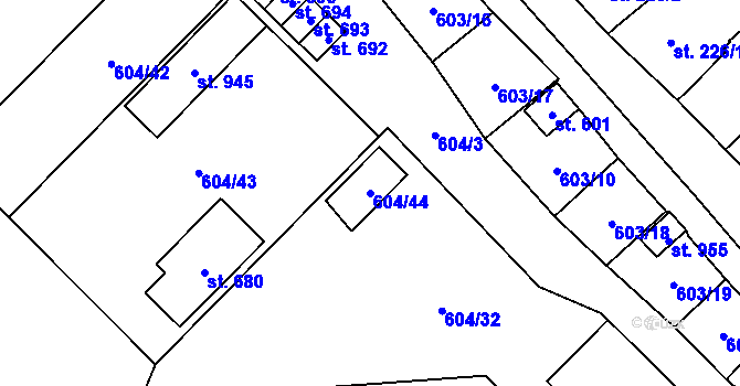 Parcela st. 604/44 v KÚ Lysice, Katastrální mapa