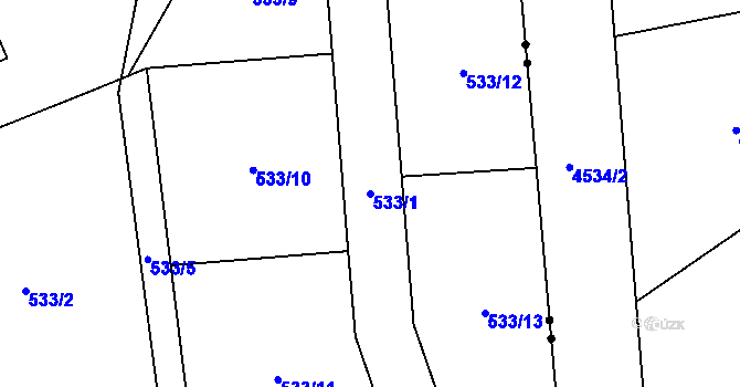 Parcela st. 533/1 v KÚ Lysůvky, Katastrální mapa