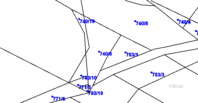 Parcela st. 740/9 v KÚ Lžín, Katastrální mapa