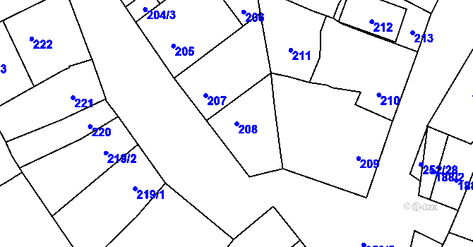 Parcela st. 208 v KÚ Majetín, Katastrální mapa