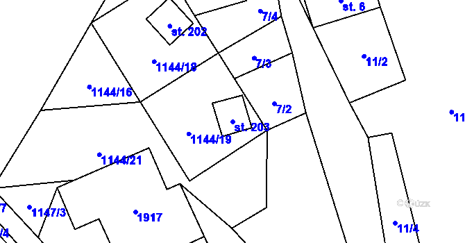 Parcela st. 203 v KÚ Vojtíškov, Katastrální mapa