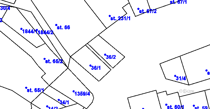 Parcela st. 36/2 v KÚ Malé Hradisko, Katastrální mapa