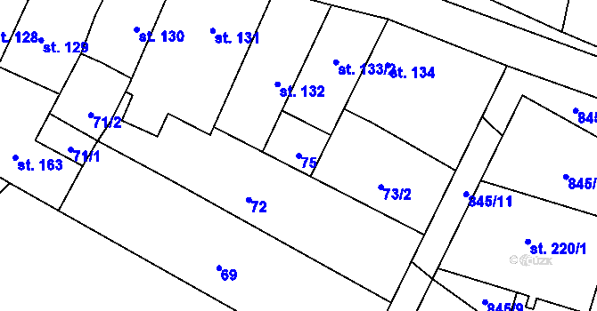Parcela st. 75 v KÚ Malé Hradisko, Katastrální mapa