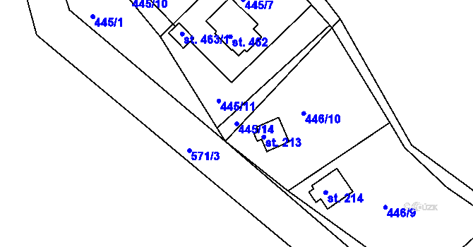 Parcela st. 445/14 v KÚ Malé Kyšice, Katastrální mapa