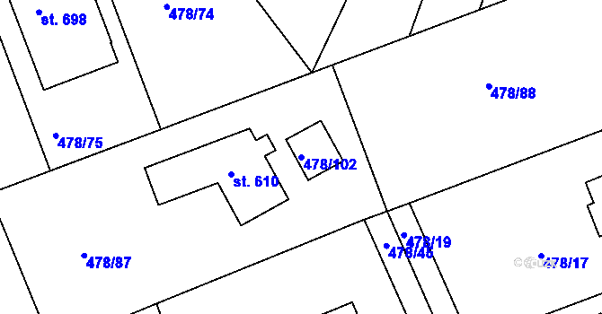 Parcela st. 478/102 v KÚ Malé Kyšice, Katastrální mapa