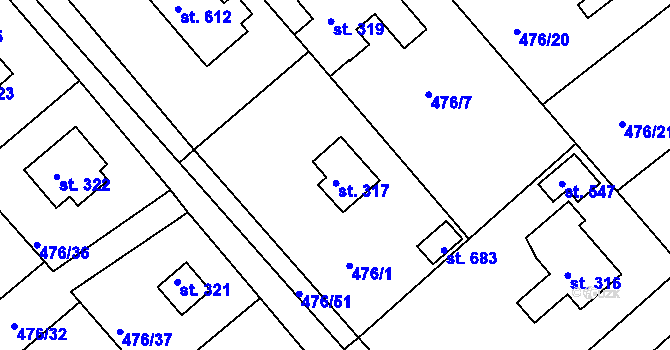 Parcela st. 317 v KÚ Malé Kyšice, Katastrální mapa