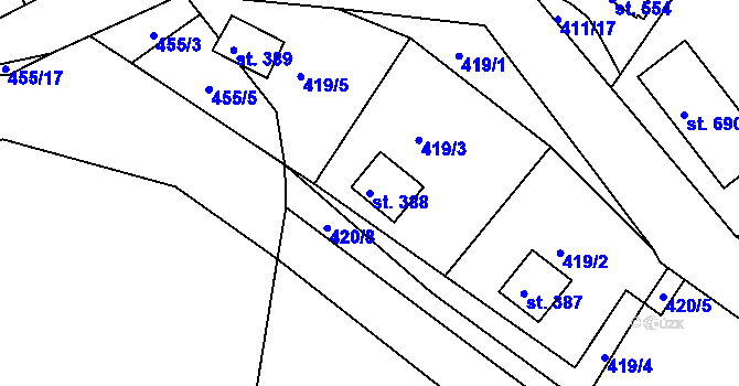 Parcela st. 388 v KÚ Malé Kyšice, Katastrální mapa