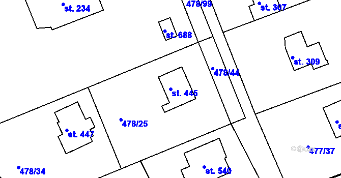 Parcela st. 445 v KÚ Malé Kyšice, Katastrální mapa