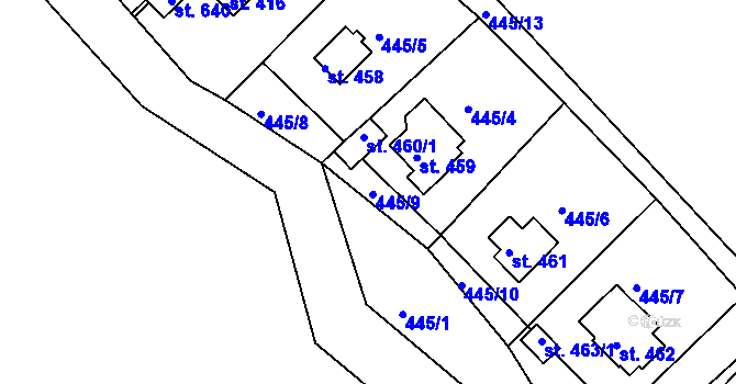 Parcela st. 445/9 v KÚ Malé Kyšice, Katastrální mapa