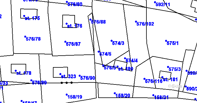 Parcela st. 574/5 v KÚ Malé Přílepy, Katastrální mapa