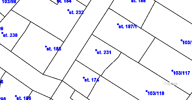 Parcela st. 231 v KÚ Malé Žernoseky, Katastrální mapa