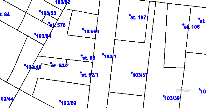 Parcela st. 103/1 v KÚ Malé Žernoseky, Katastrální mapa