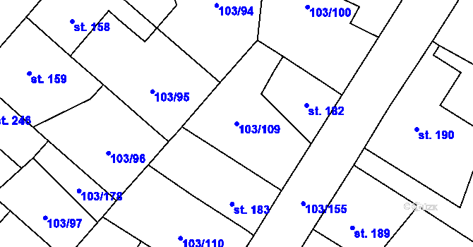Parcela st. 103/109 v KÚ Malé Žernoseky, Katastrální mapa