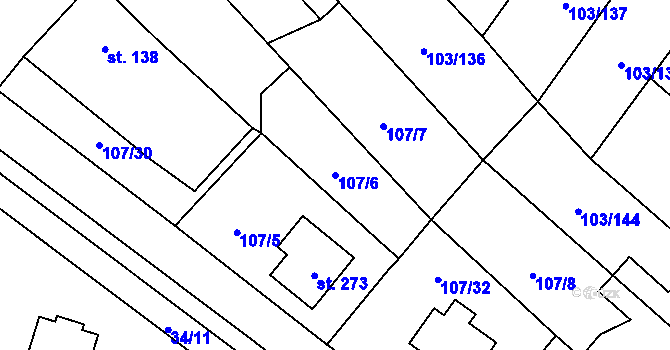 Parcela st. 107/6 v KÚ Malé Žernoseky, Katastrální mapa
