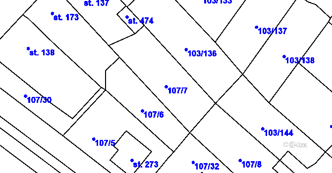 Parcela st. 107/7 v KÚ Malé Žernoseky, Katastrální mapa
