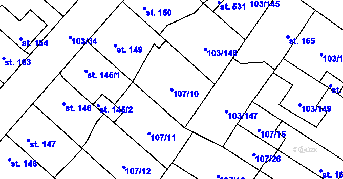 Parcela st. 107/10 v KÚ Malé Žernoseky, Katastrální mapa