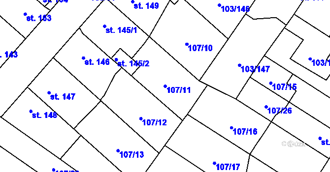Parcela st. 107/11 v KÚ Malé Žernoseky, Katastrální mapa