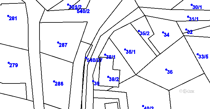 Parcela st. 38/1 v KÚ Malesice, Katastrální mapa