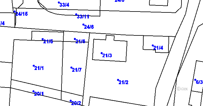 Parcela st. 21/3 v KÚ Malesice, Katastrální mapa