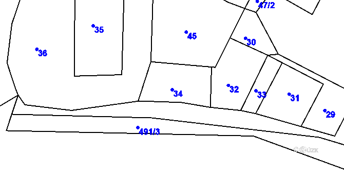 Parcela st. 34 v KÚ Malešov, Katastrální mapa