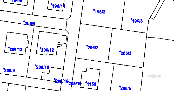 Parcela st. 206/2 v KÚ Malešov, Katastrální mapa